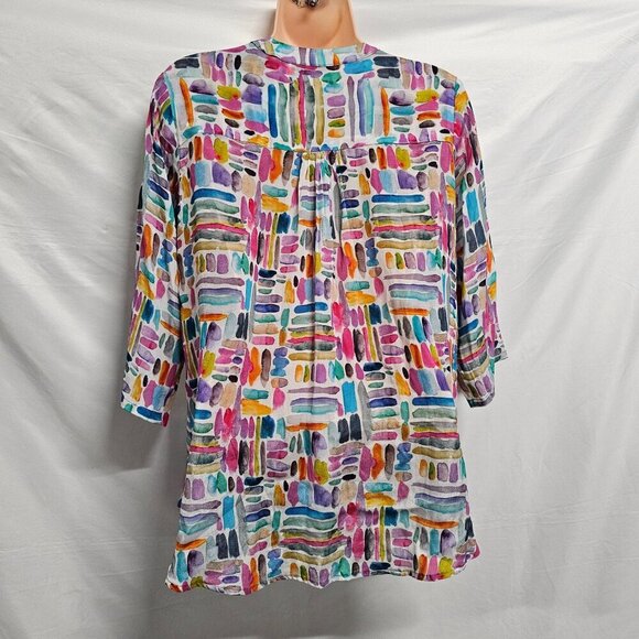 AP NY V Neck Hi-Lo Top Blouse Shirt Women Size M Colorful Cupro blend - Picture 11 of 15